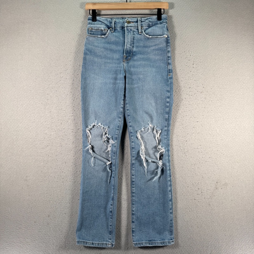 Good American Jeans Womens 0/25 Blue Lightwash Straight Leg‎ Distressed Denim
